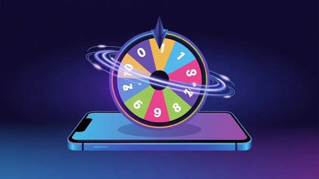 A glowing digital spin number wheel displayed on a smartphone screen, with colorful numbered segments from 1 to 10 and a pointer arrow ready to generate a random result.