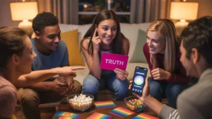 Diverse group of young friends laughing while playing a Truth or Dare Game in a cozy living room, with one person holding a question card and another pointing at a dare challenge on a smartphone.
